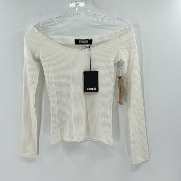 Reformation Cream Off The Shoulder Ribbed Long Sleeve Top - XS - NWT - Picture 1 of 7